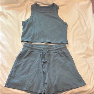 Blue Ribbed Tank and Shorts Set